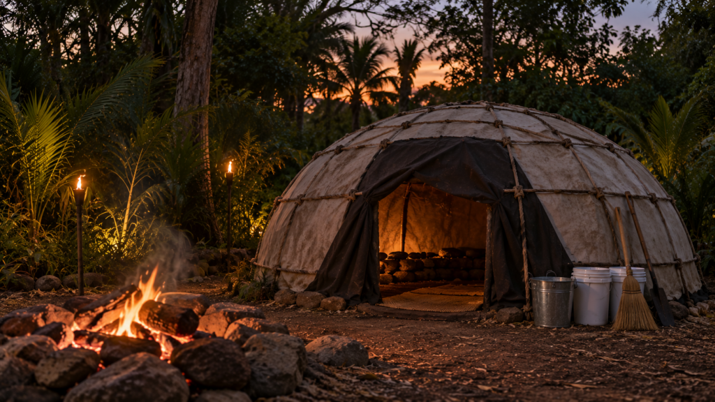 The temazcal sweat lodge with fire pit and torches at dusk, ChoZen Center for Regenerative Living